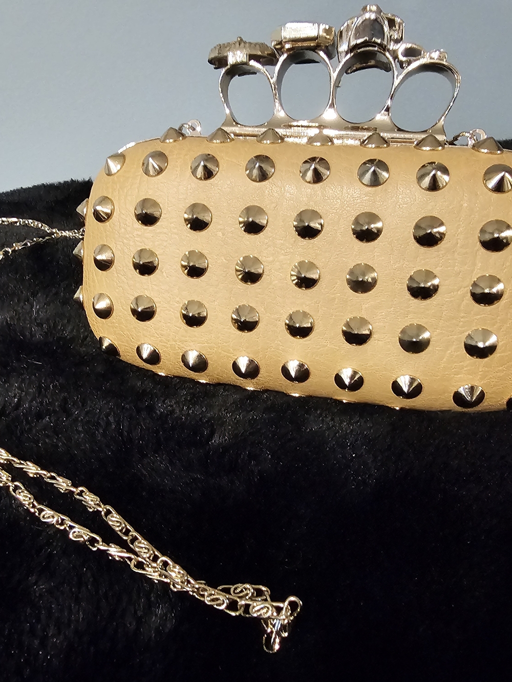 Studded Tan Leather Knuckle Clutch Bag with Gold Hardware